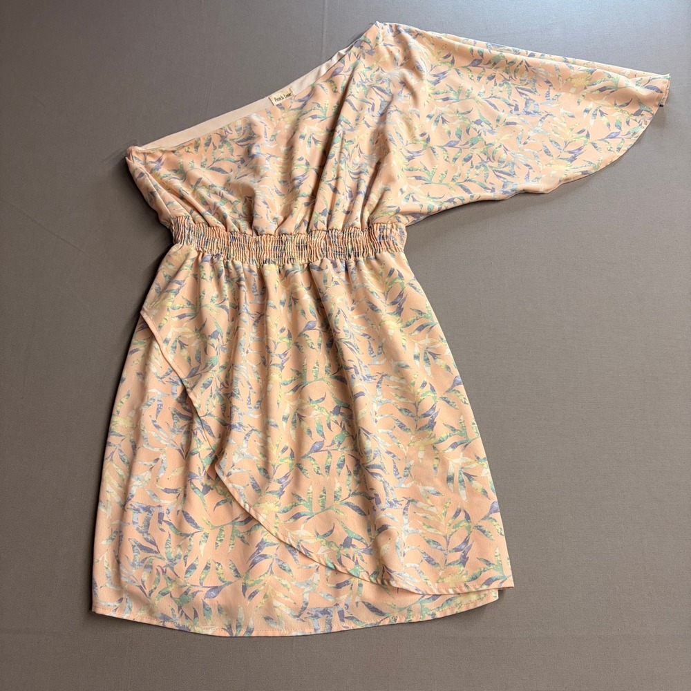 Peach Love California One Shoulder Mini Dress Large Peach Tropical Leaf Smocked